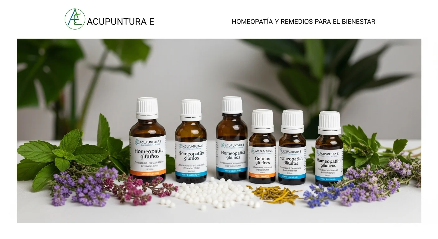 Remedios homeopáticos de Acupuntura E en frascos con glóbulos y diluciones