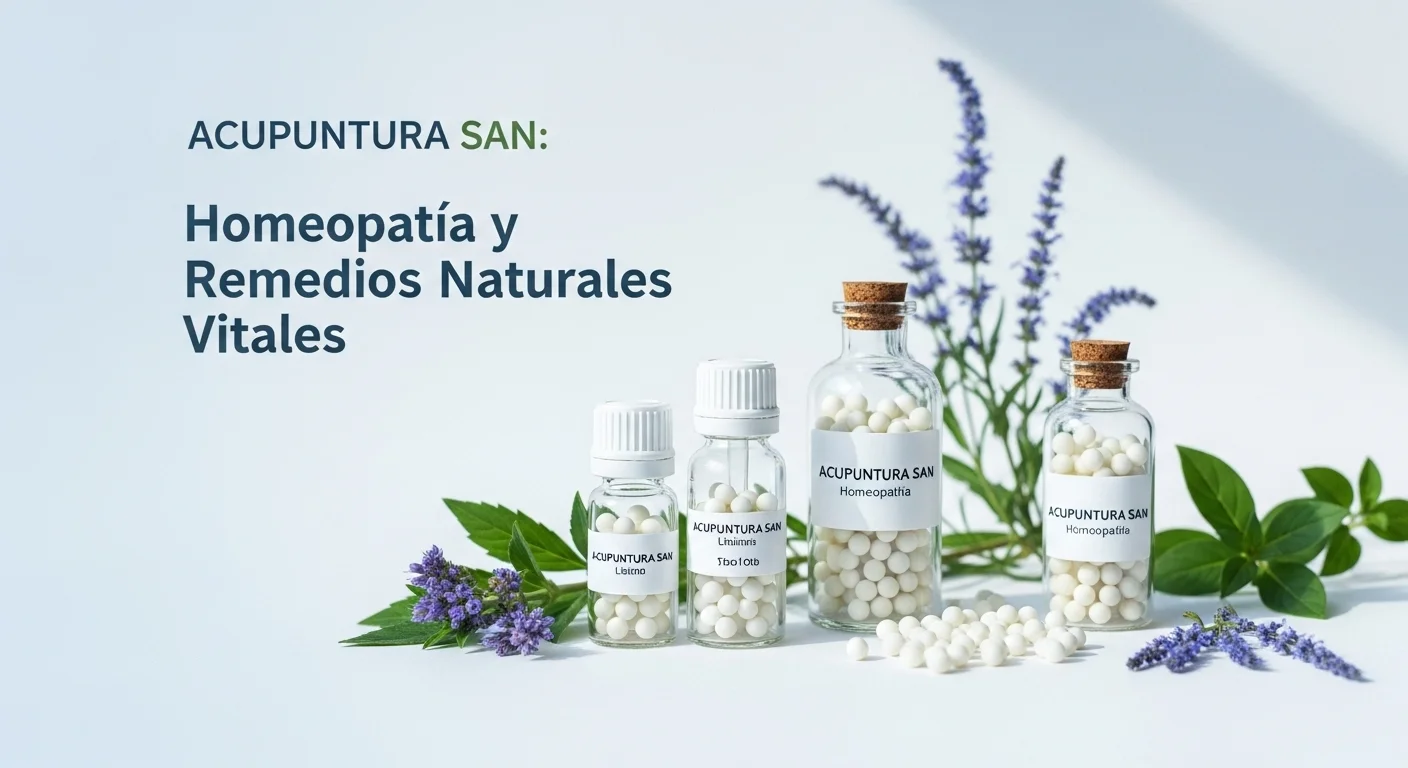 Remedios homeopáticos de Acupuntura San en frascos con glóbulos y diluciones sobre un fondo natural