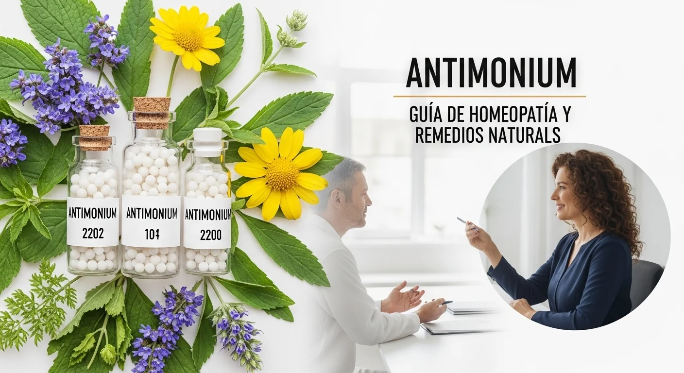 Remedios homeopáticos de Antimonium en frascos con glóbulos y diluciones