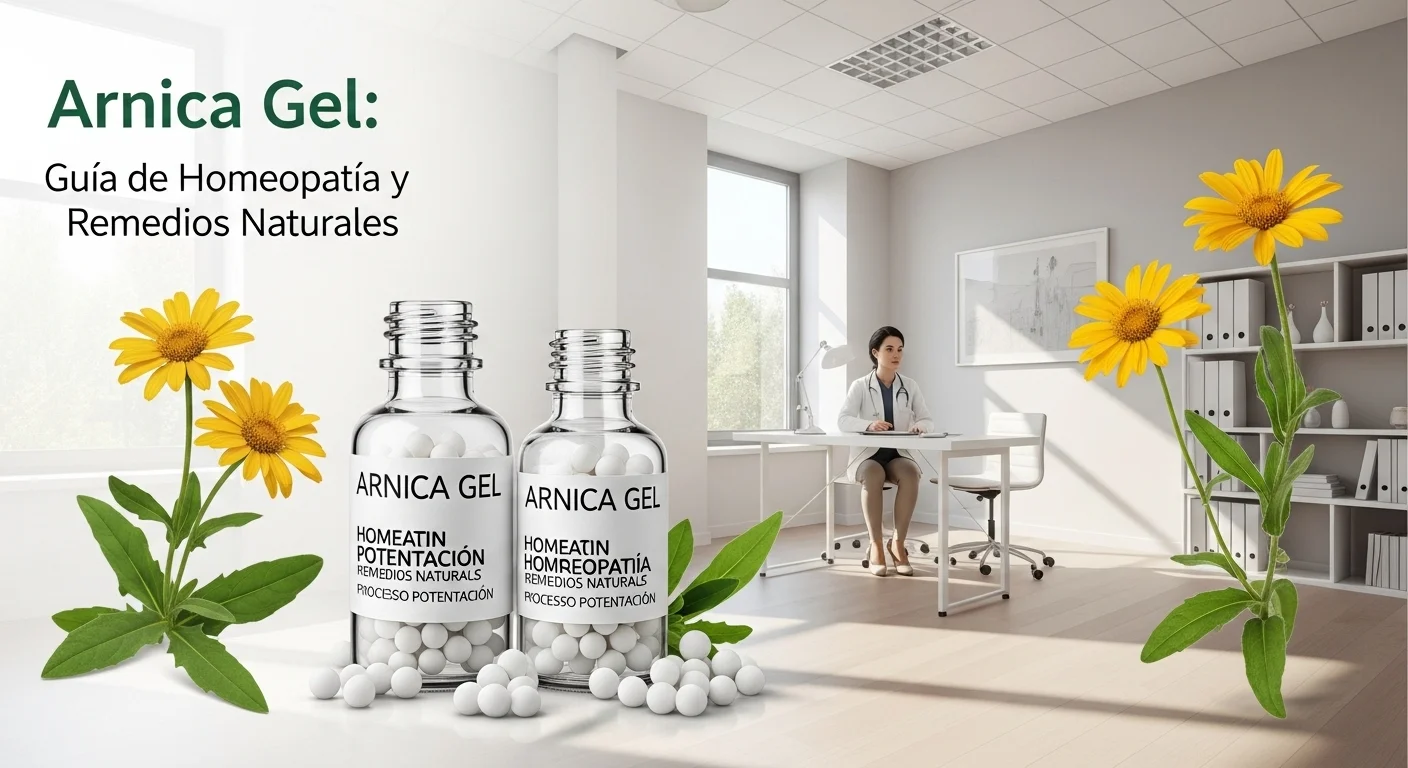 Remedios homeopáticos de Arnica Gel en frascos con glóbulos y diluciones