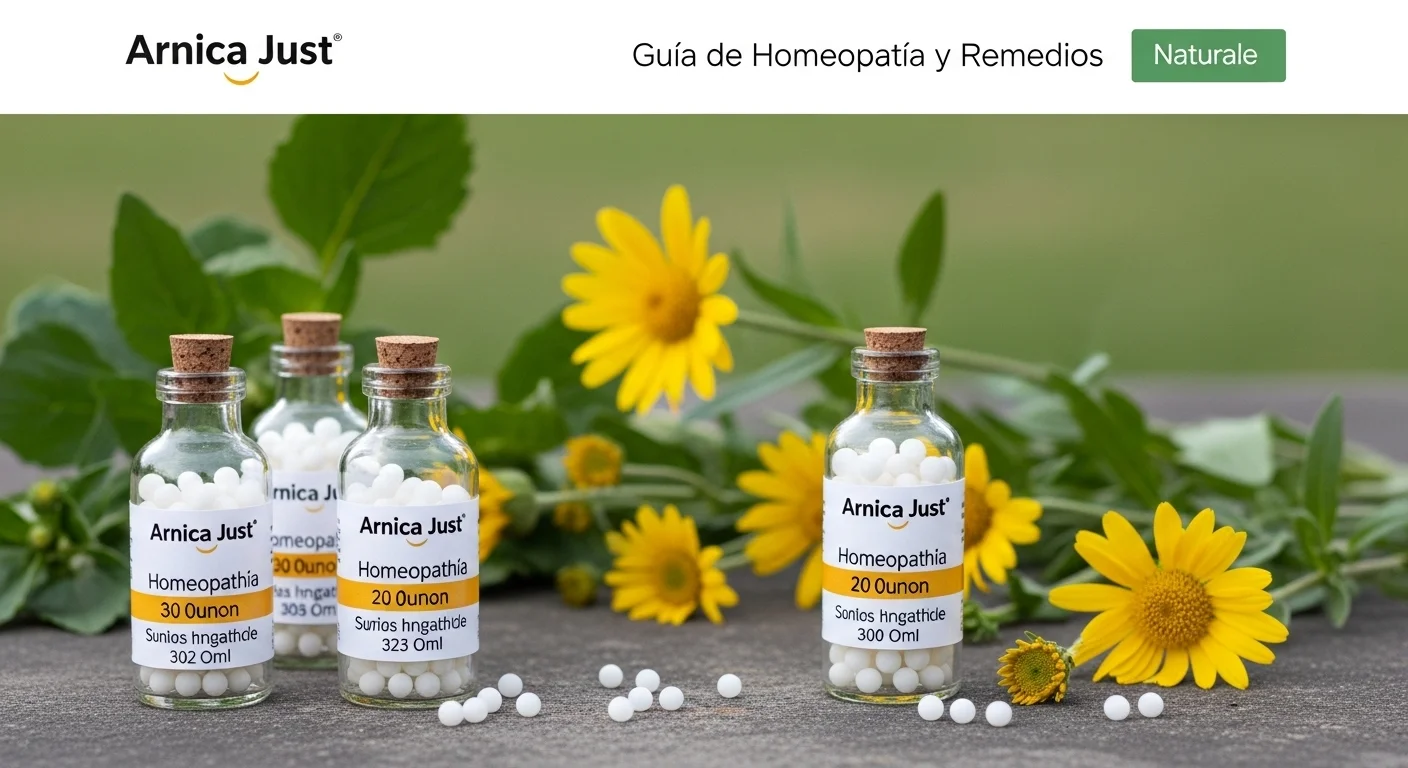 Remedios homeopáticos de Arnica Just en frascos con glóbulos y diluciones