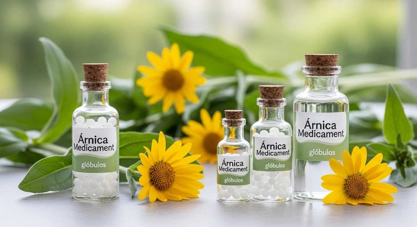 Remedios homeopáticos de árnica Medicament en frascos con glóbulos y diluciones
