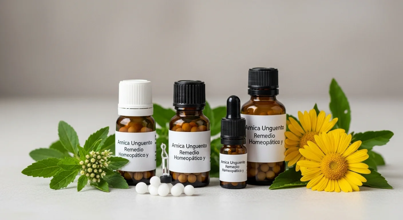 Remedios homeopáticos de Arnica Unguento en frascos con glóbulos y diluciones