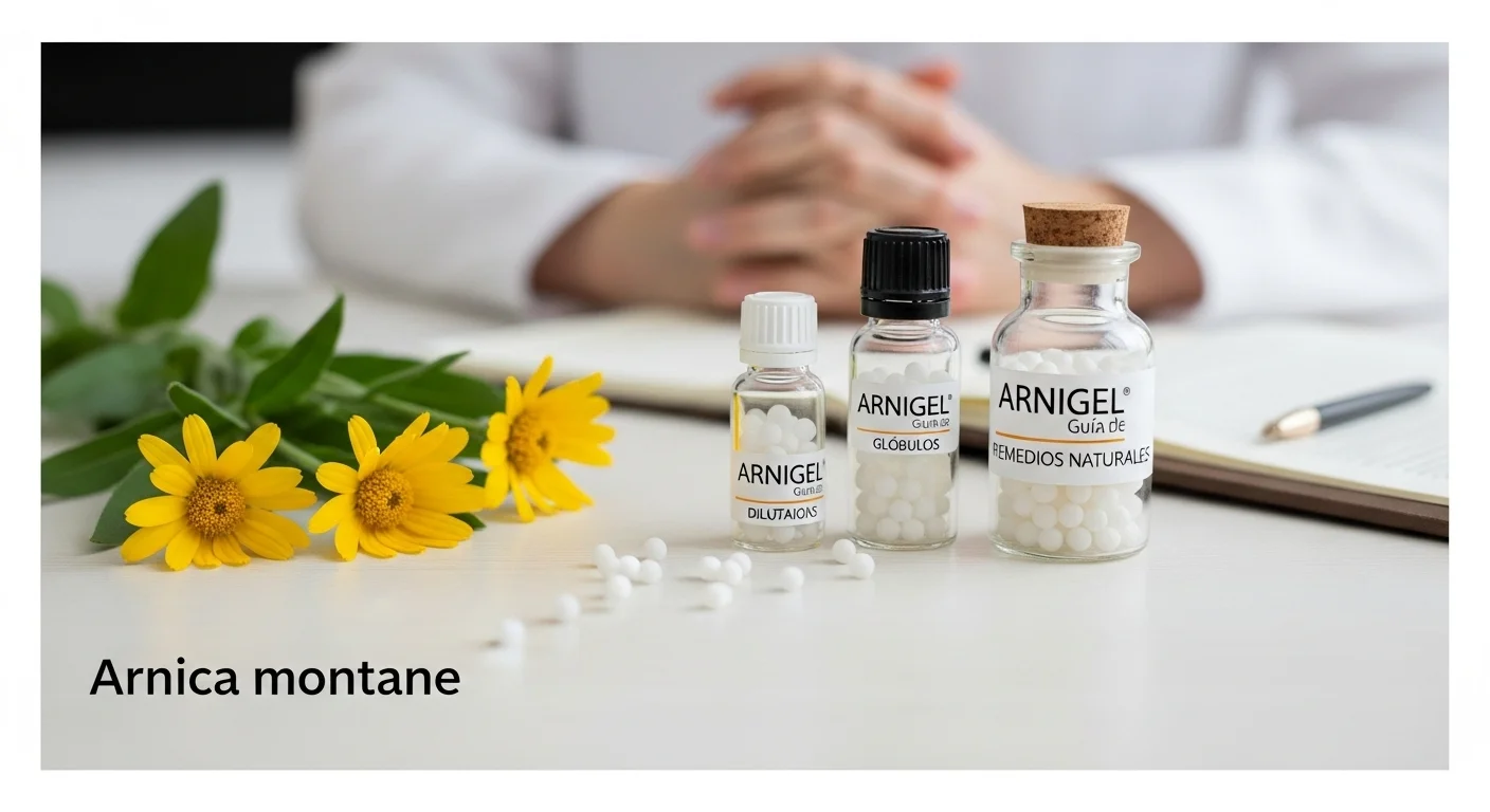 Remedios homeopáticos de Arnigel en frascos con glóbulos y diluciones de Arnica montana