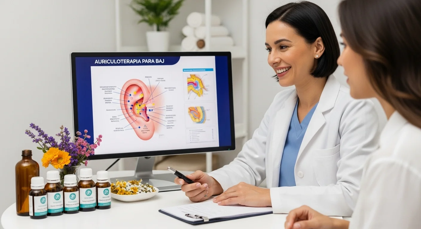 Enfoque holístico con remedios homeopáticos de Auriculoterapia Para Baj y un diagrama del oído