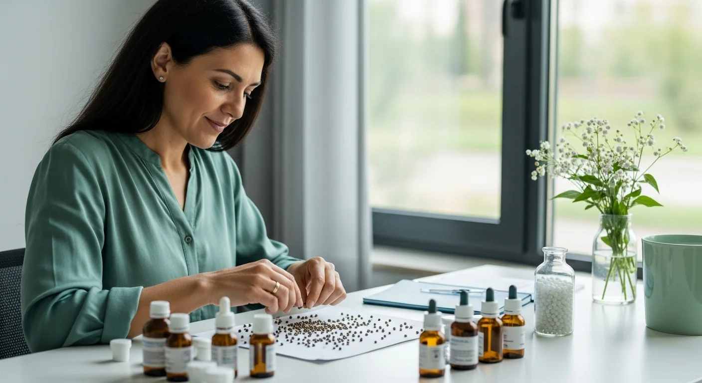 Preparación de un tratamiento con semillas para Auriculoterapia Para Baj junto a frascos de glóbulos homeopáticos