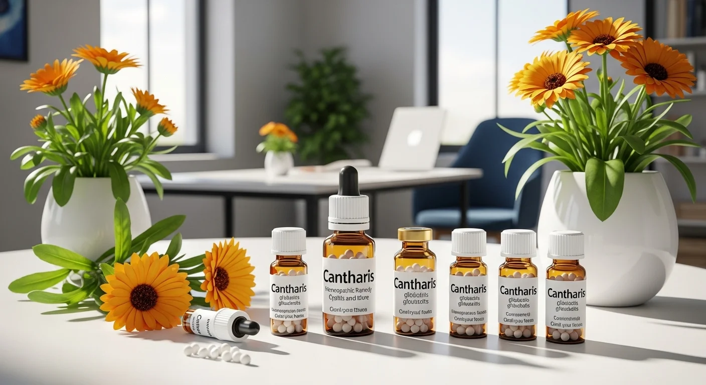 Remedios homeopáticos de Cantharis en frascos con glóbulos y diluciones
