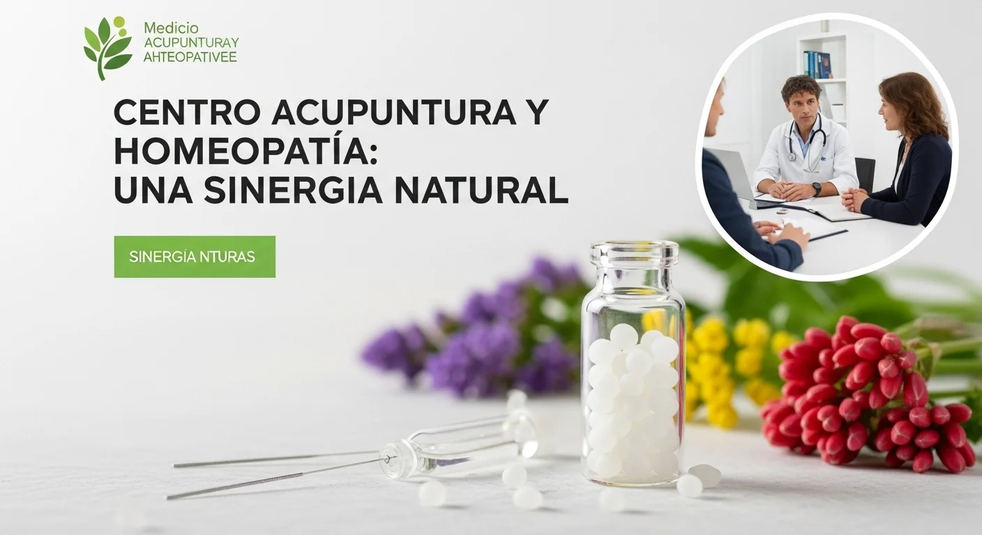 Agujas de acupuntura y frasco de remedio homeopático, simbolizando la sinergia.