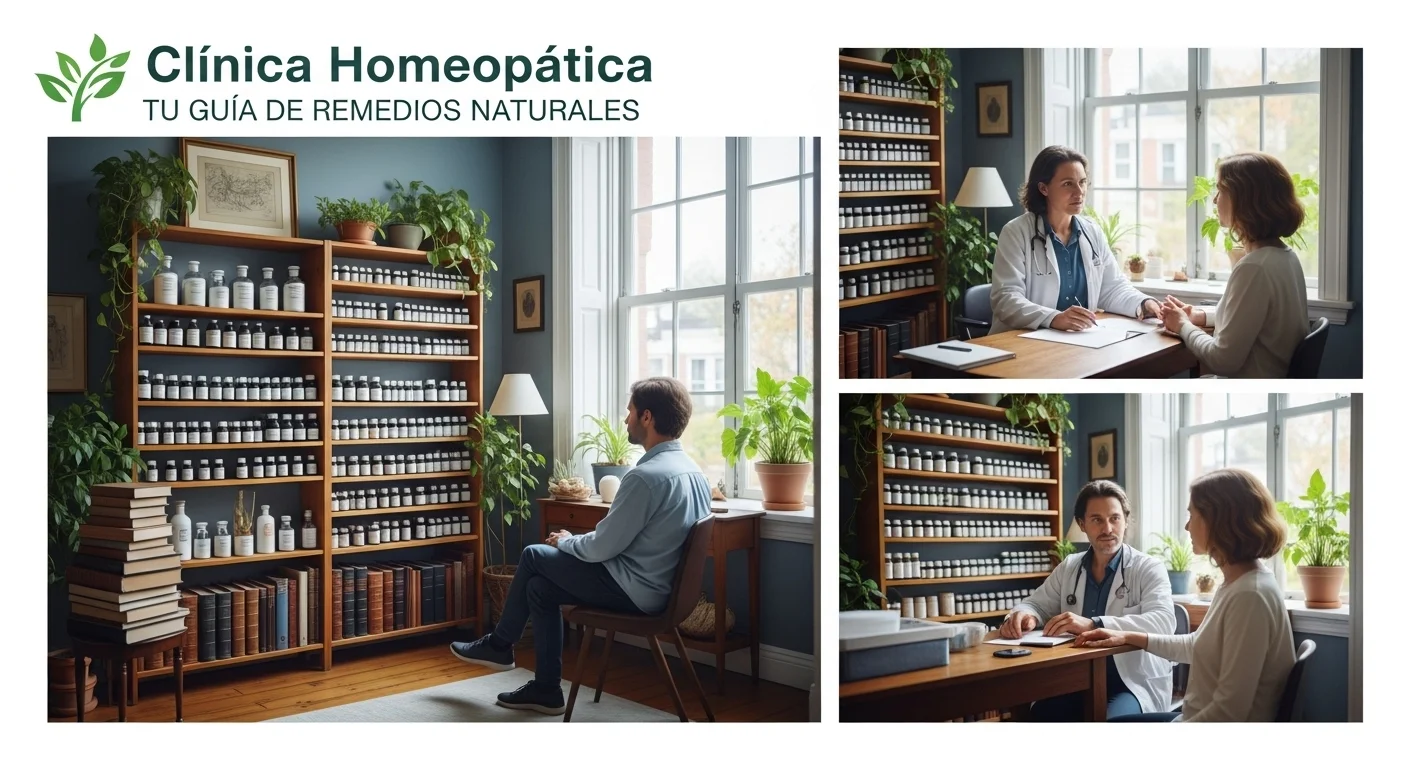 Interior de una clínica homeopática profesional con frascos de remedios y libros antiguos