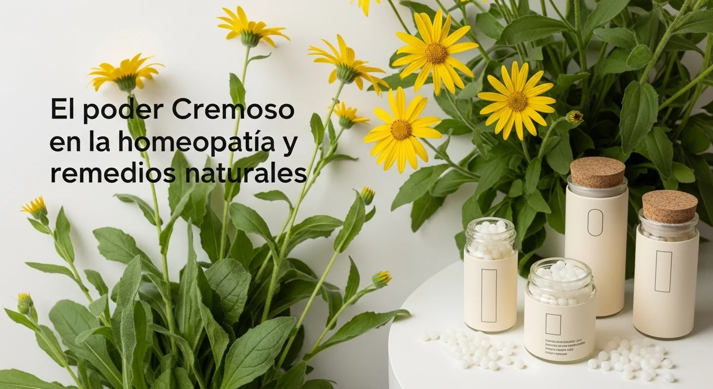 Remedios homeopáticos de textura cremosa en tarros junto a plantas de árnica.