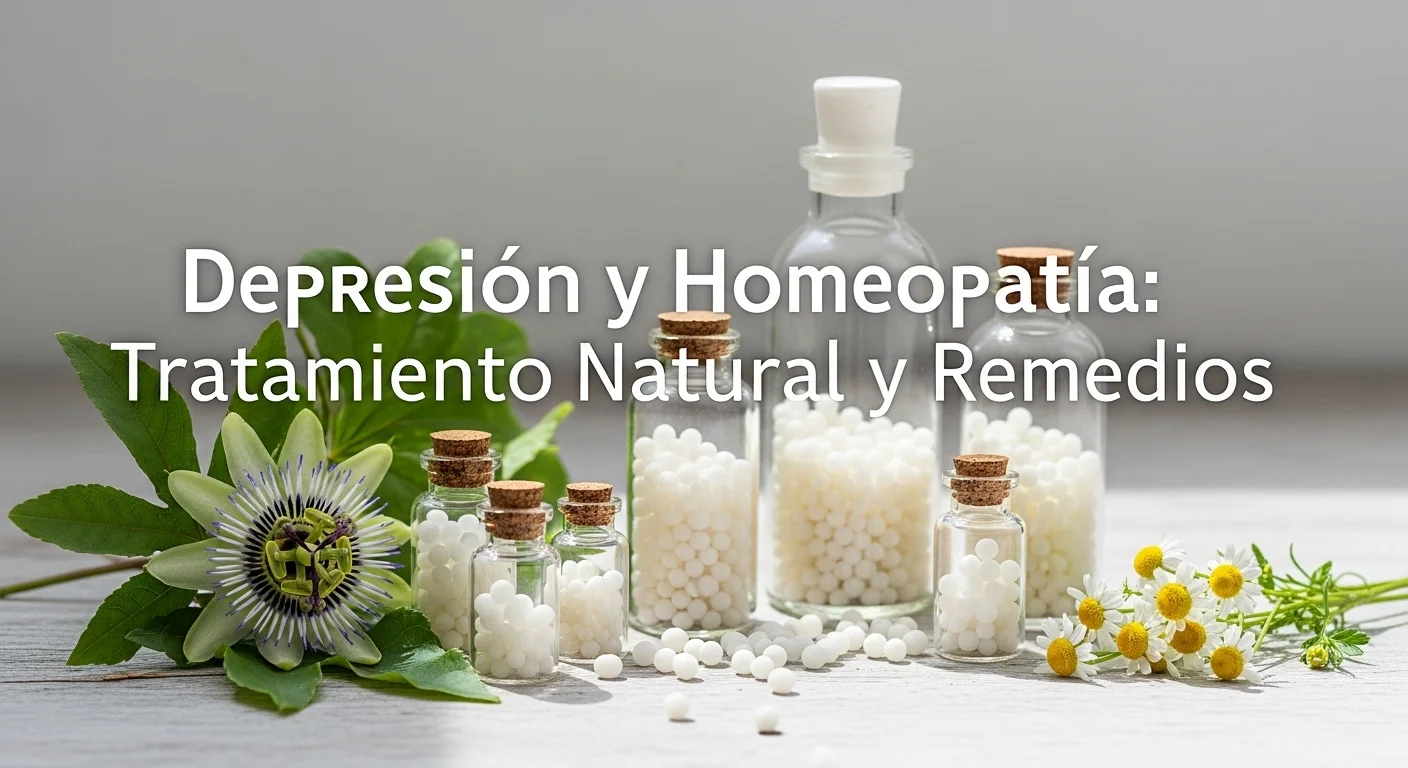Remedios homeopáticos para la Depresión en frascos con glóbulos y diluciones sobre una superficie de madera.