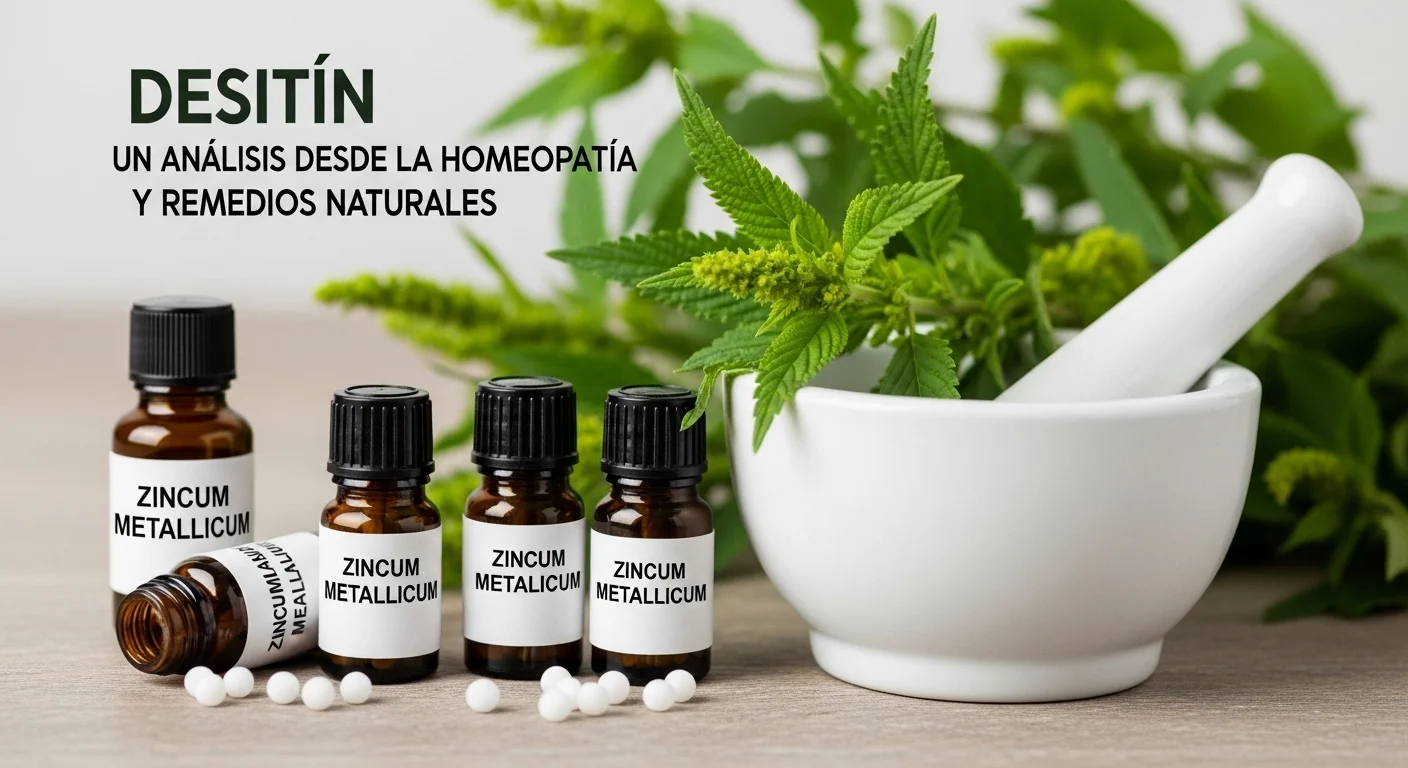 Frascos de remedios homeopáticos de Zincum Metallicum junto a un mortero, con glóbulos y una planta de fondo.