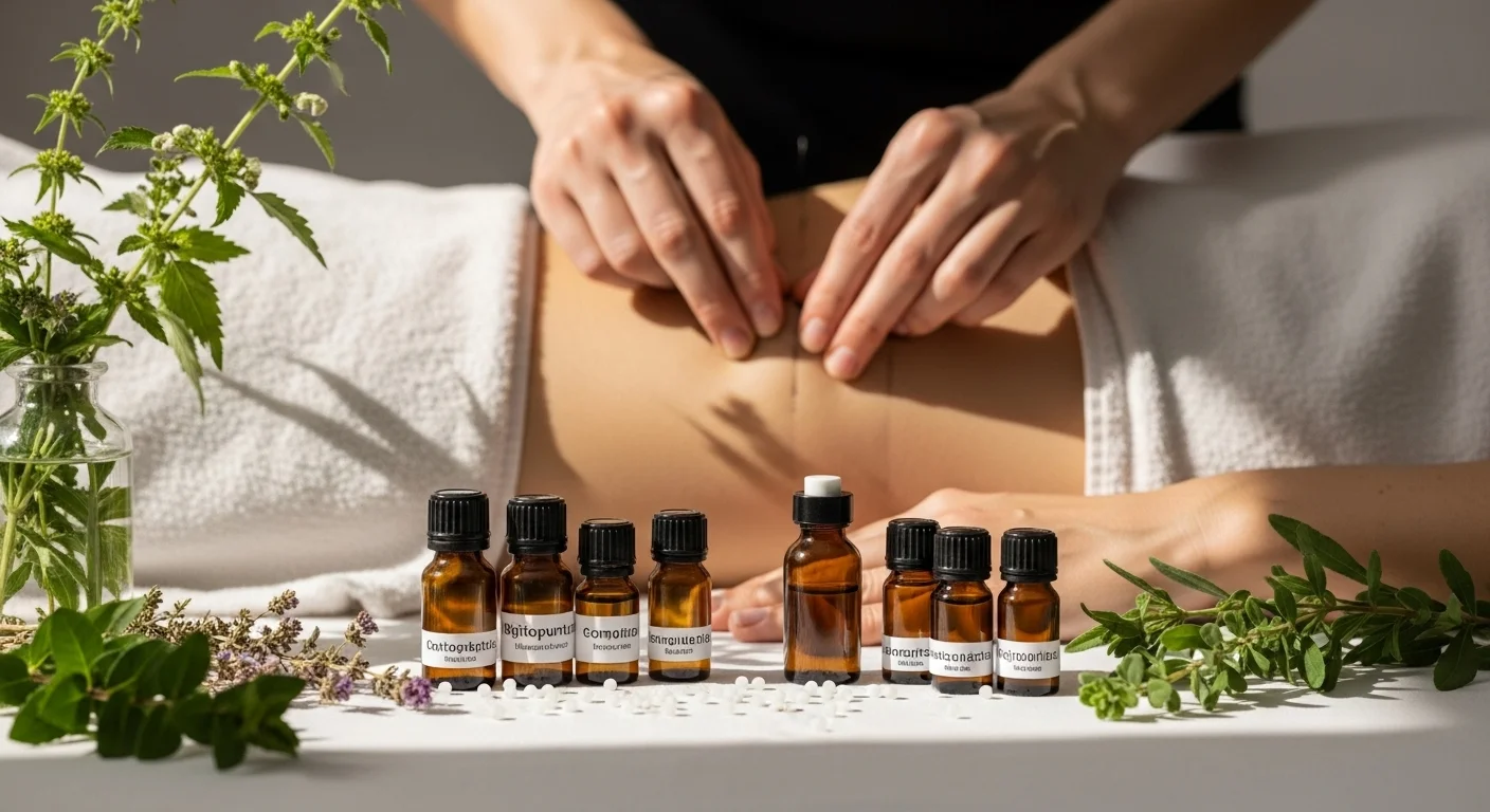 Sinergia entre la Digitopuntura y la homeopatía con manos aplicando presión y frascos de remedios