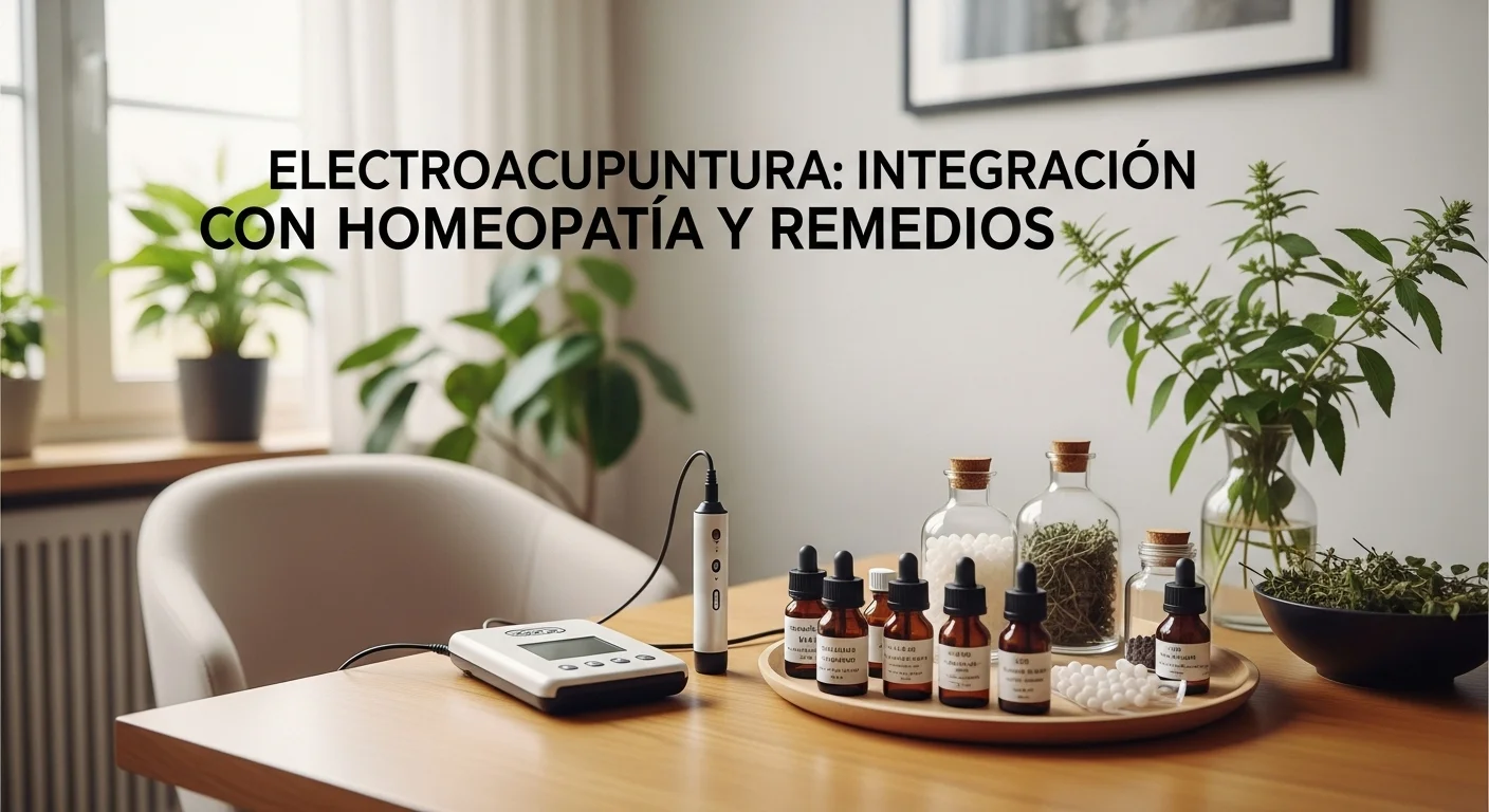Equipo de electroacupuntura junto a frascos de remedios homeopáticos, simbolizando la integración de ambas terapias.
