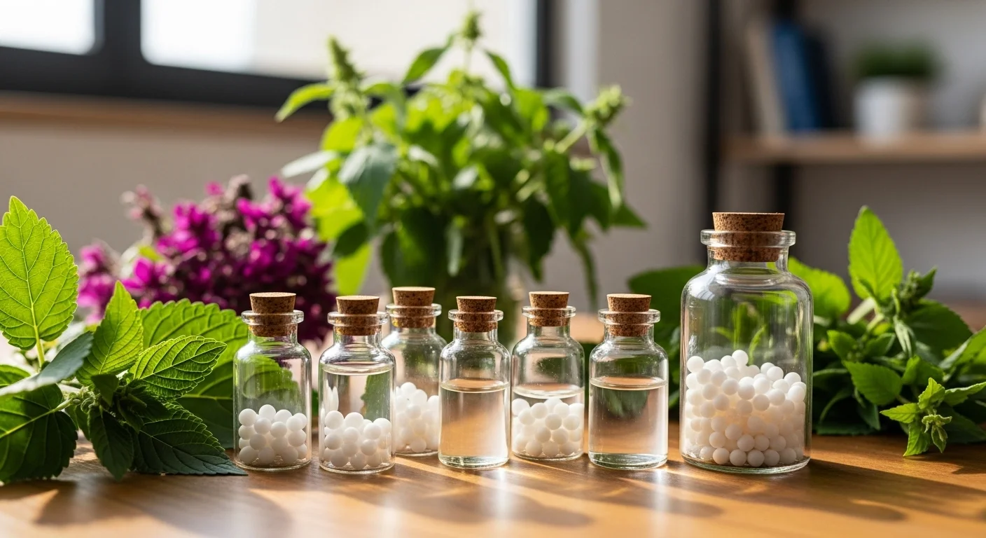 Remedios homeopáticos para bajar de peso en frascos con glóbulos y diluciones sobre una superficie de madera.