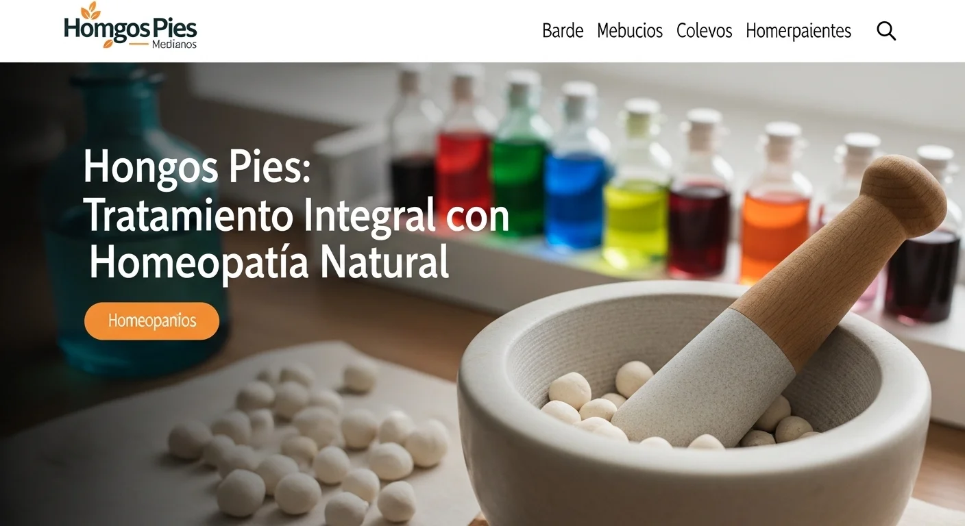 Preparación y uso de remedios para Hongos Pies en tratamientos homeopáticos naturales, mostrando un mortero y glóbulos