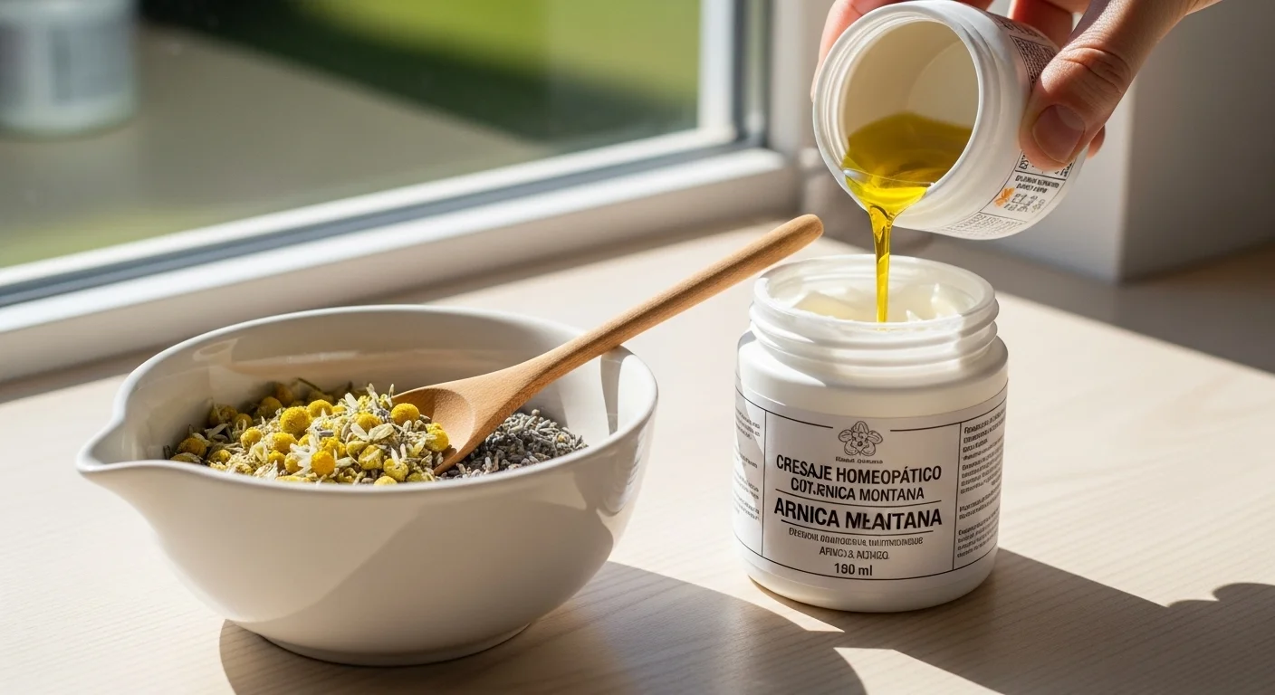 Preparación de una crema de masaje antiinflamatorio con Arnica montana y otros remedios homeopáticos.