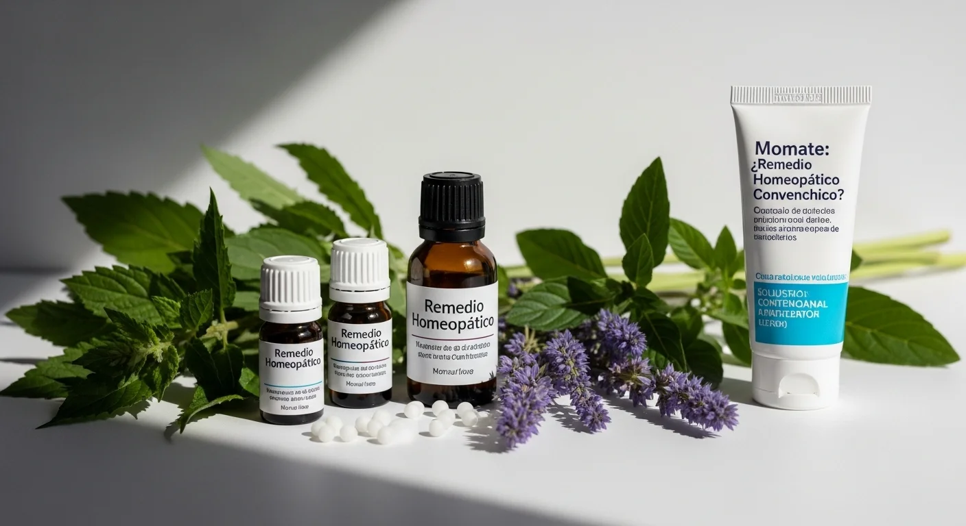 Frascos de remedios homeopáticos contrastando con un tubo de crema convencional