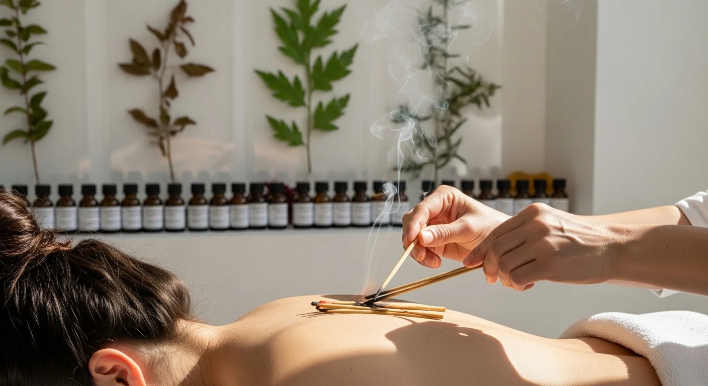 Terapia de moxibustión con puros de artemisa aplicados en la espalda de un paciente