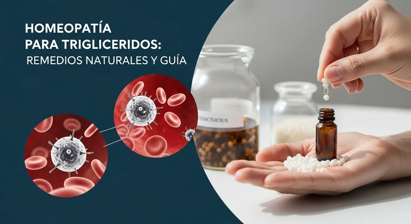Preparación y uso de remedios Para Trigliceridos en un tratamiento homeopático, mostrando glóbulos y una mano administrando una dosis