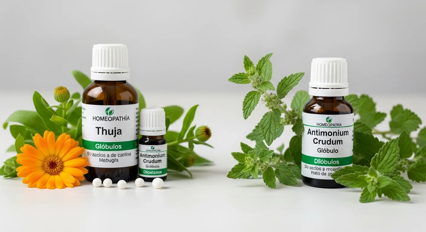 Remedios homeopáticos Para Verrugas en frascos con glóbulos y diluciones de Thuja y Antimonium Crudum