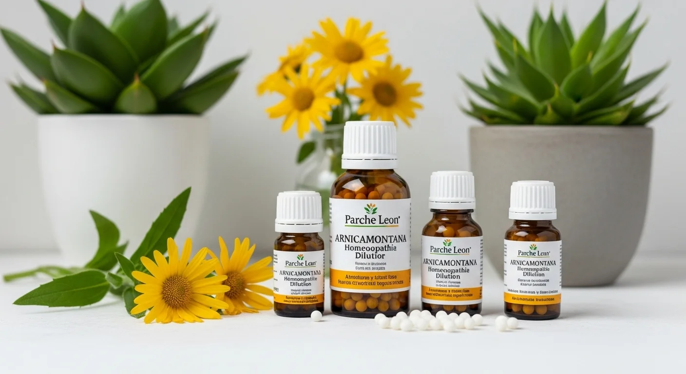 Remedios homeopáticos de Arnica montana, el principio del Parche Leon, en frascos con glóbulos y diluciones