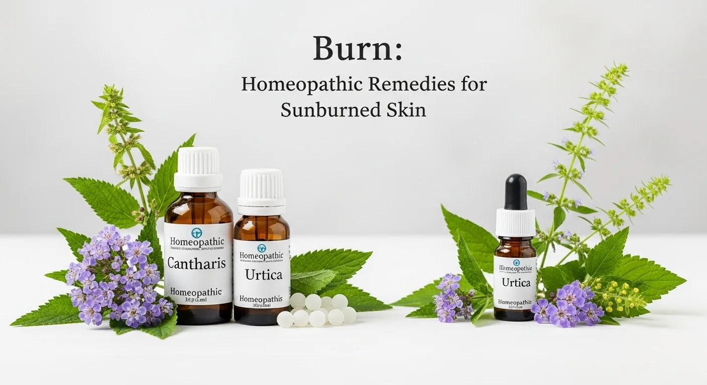 Remedios homeopáticos de Cantharis y Urtica en frascos para tratar el quemar de la piel