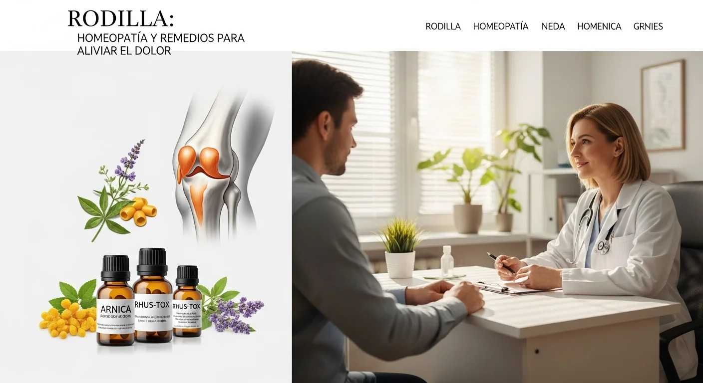 Remedios homeopáticos como Arnica y Rhus-tox junto a una ilustración de la rodilla