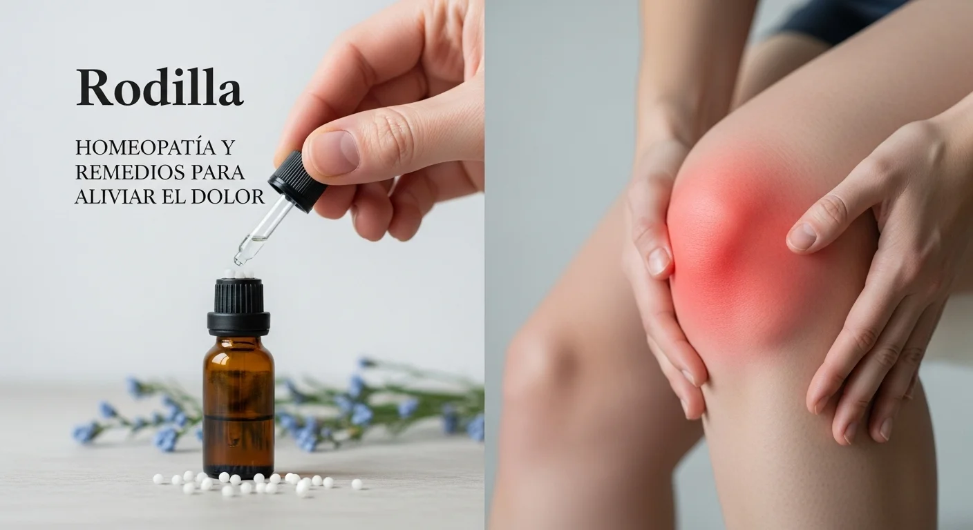 Preparación de un remedio homeopático en gotas con una rodilla adolorida de fondo