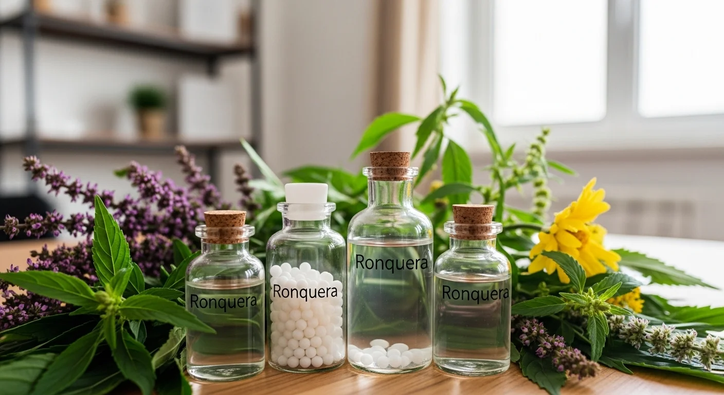 Remedios homeopáticos de Ronquera en frascos con glóbulos y diluciones