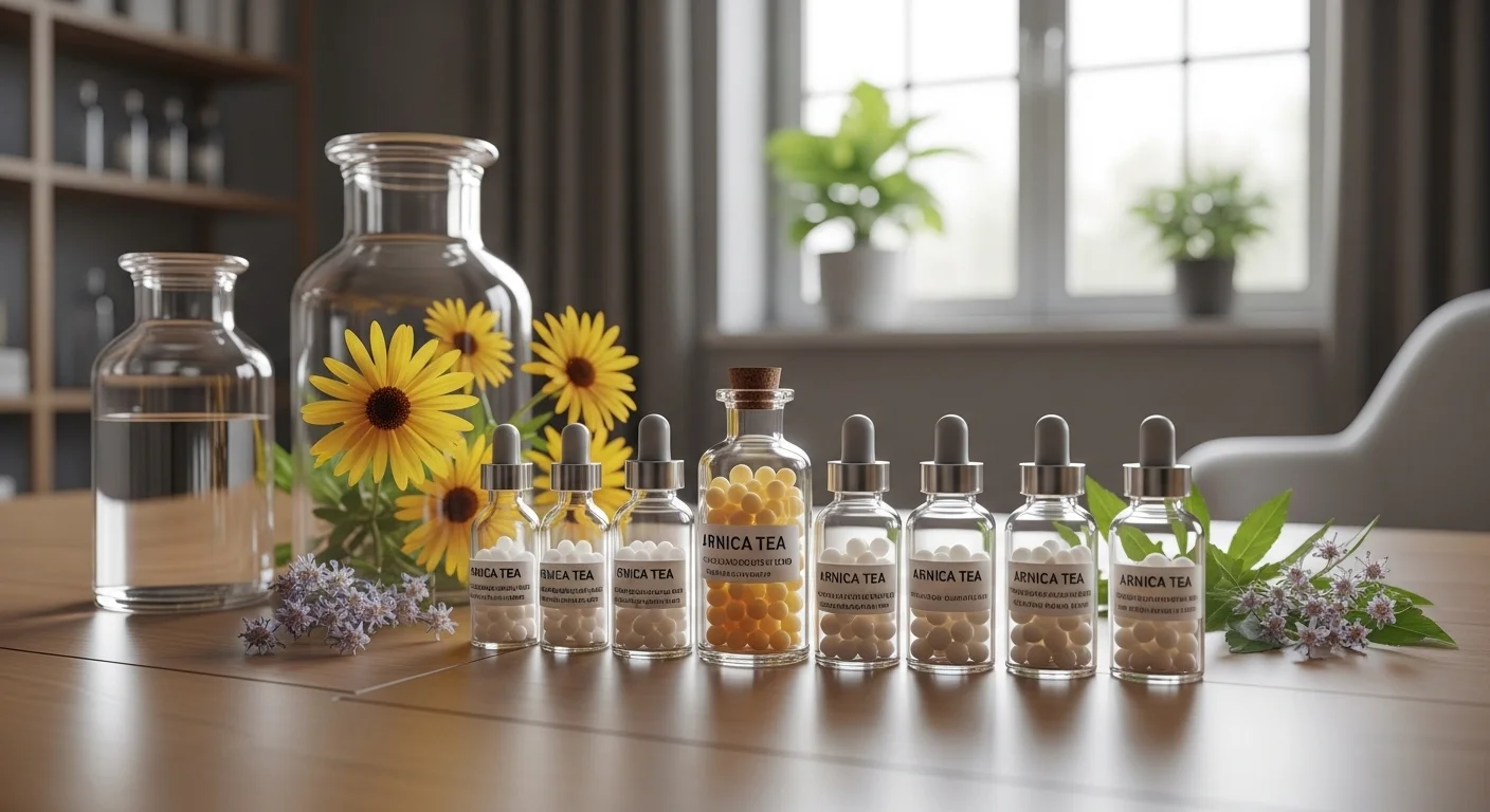 Remedios homeopáticos de Té De árnica en frascos con glóbulos y diluciones
