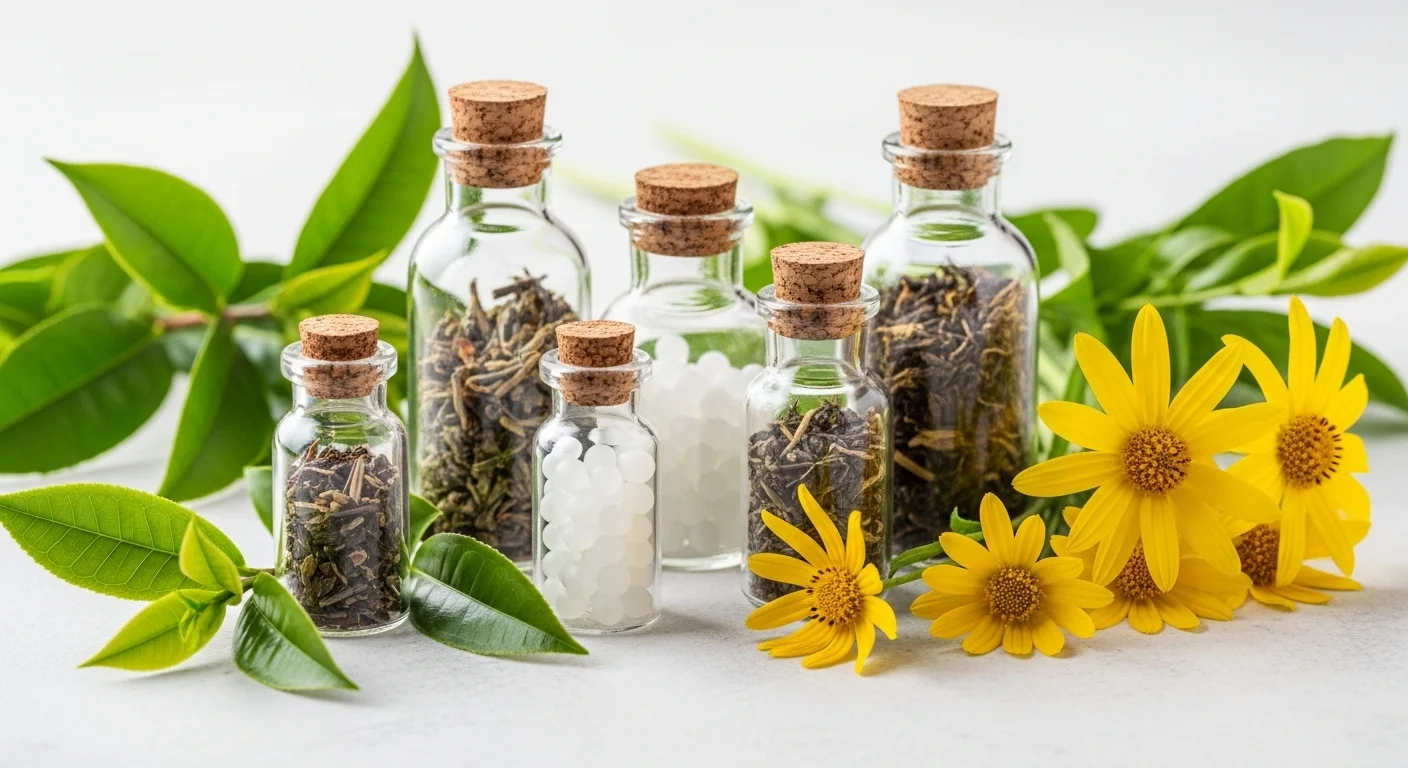 Remedios homeopáticos de Tea en frascos con glóbulos y diluciones, junto a hojas de árbol de té y flores de árnica.