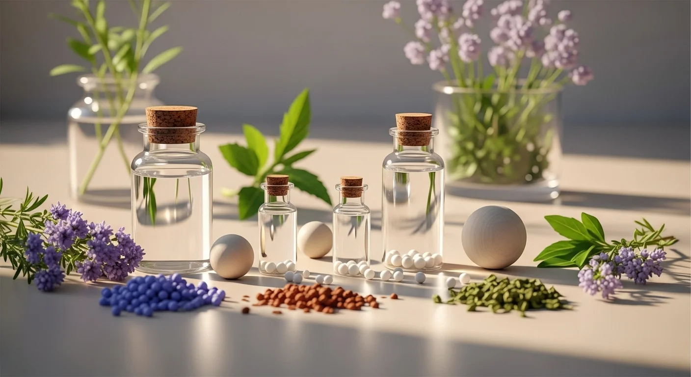 Remedios homeopáticos con frascos, glóbulos y plantas, sugiriendo un análisis natural del Unguento Morry