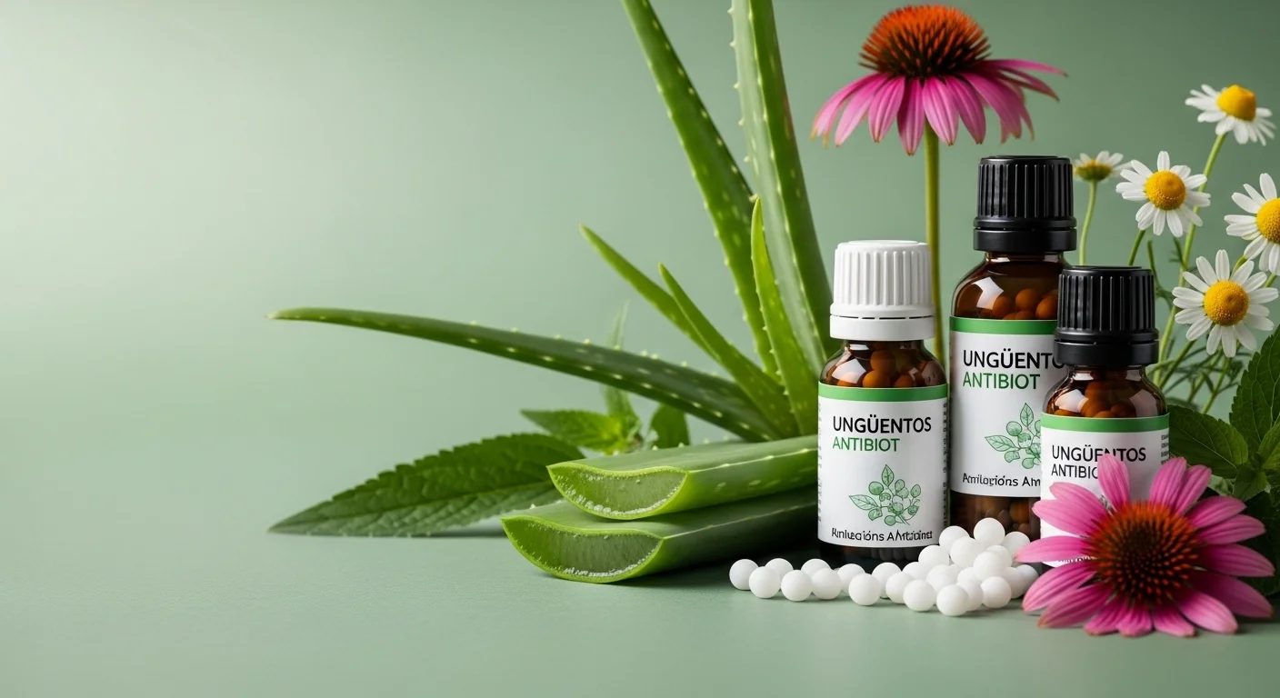 Remedios homeopáticos de Ungüentos Antibiot en frascos con glóbulos y diluciones