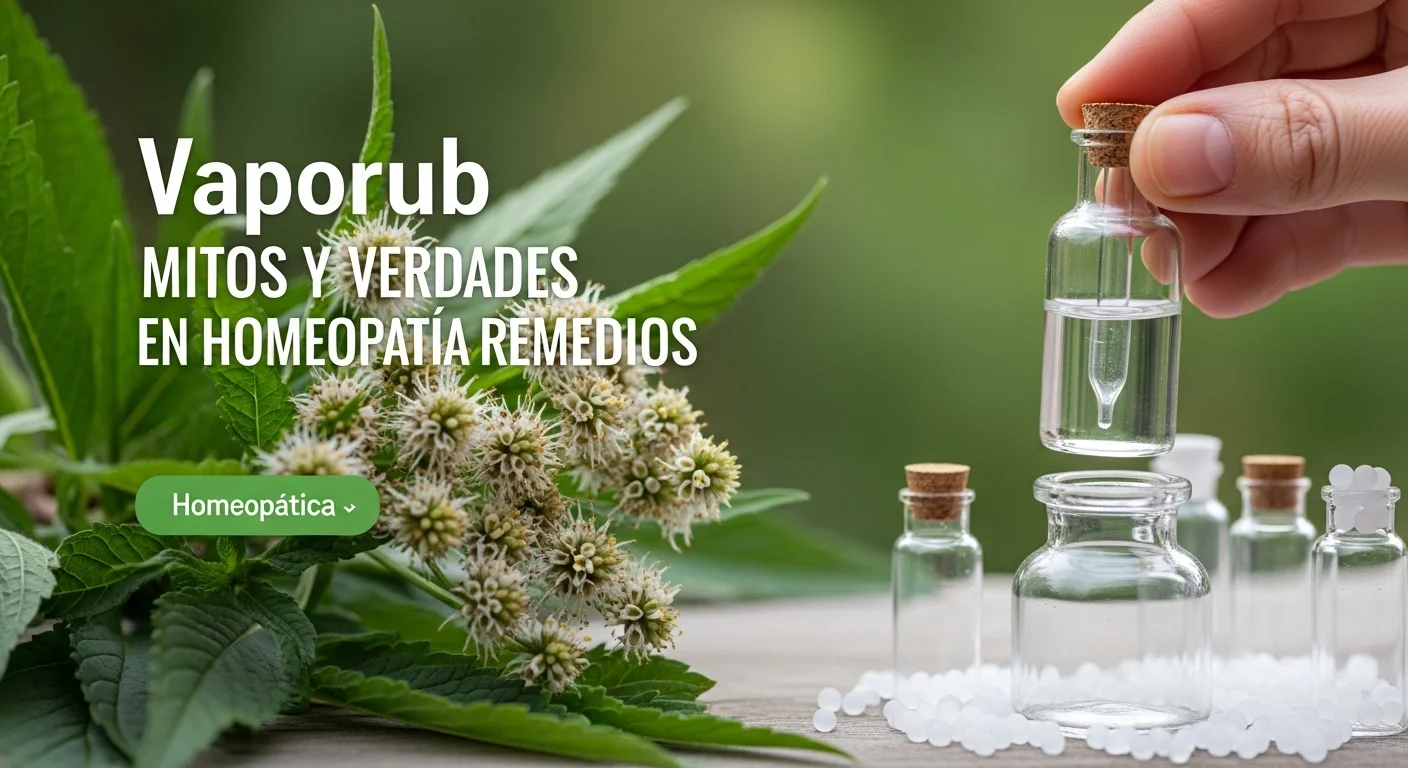 Preparación de un remedio natural con la planta de vaporub y frascos de remedios homeopáticos.